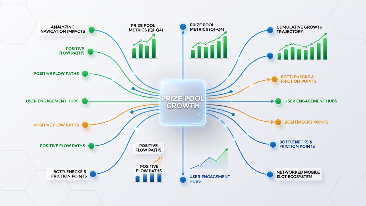 Analytics dashboard displaying navigation flow metrics and prize pool growth correlations in mobile slot networks