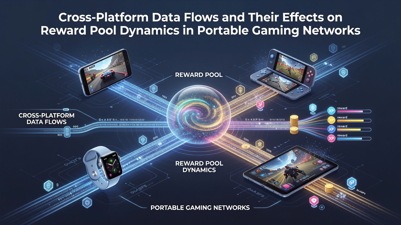 Diagram illustrating data streams moving between mobile devices and centralized reward systems in gaming networks