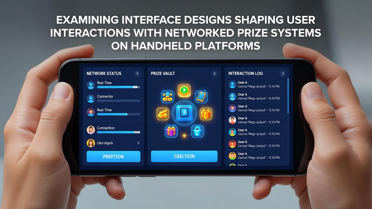Mobile handheld device displaying a networked prize system interface with interactive elements and real-time updates