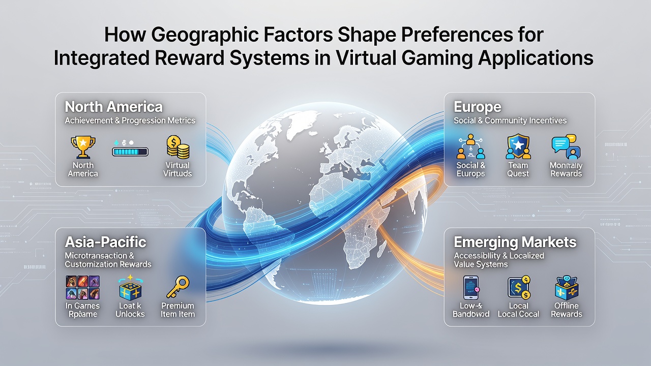 Illustration of urban and rural gaming setups with overlaid reward system icons