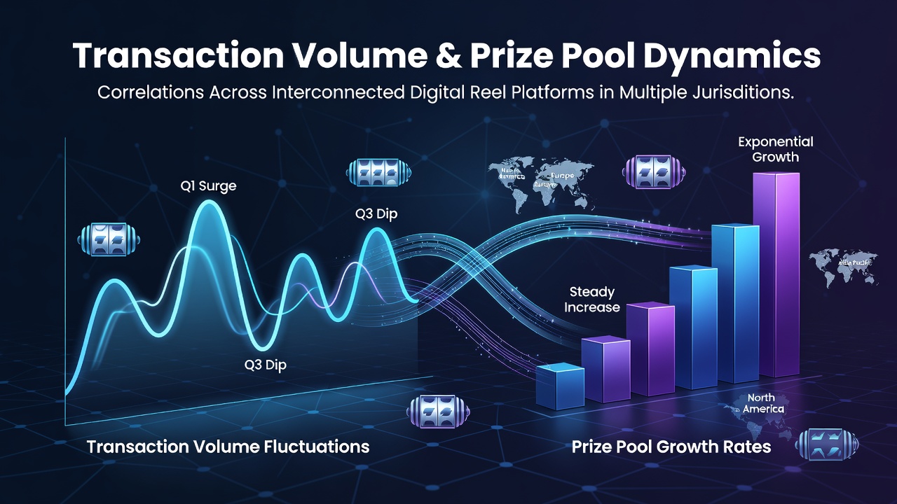 Interconnected digital reel platforms showing transaction data streams feeding into shared prize pools across jurisdictions