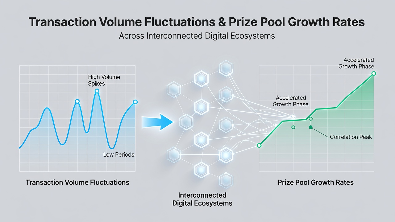 Charts displaying transaction volume spikes alongside prize pool growth curves from multiple jurisdictions