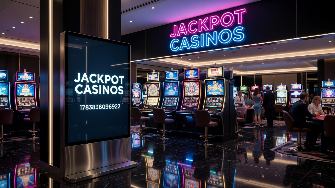 Jackpot casino gaming floor with slot machines and digital displays