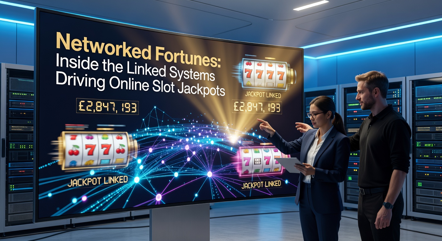 Digital illustration of interconnected slot machines forming a global network with glowing jackpot meters rising in unison across casino platforms