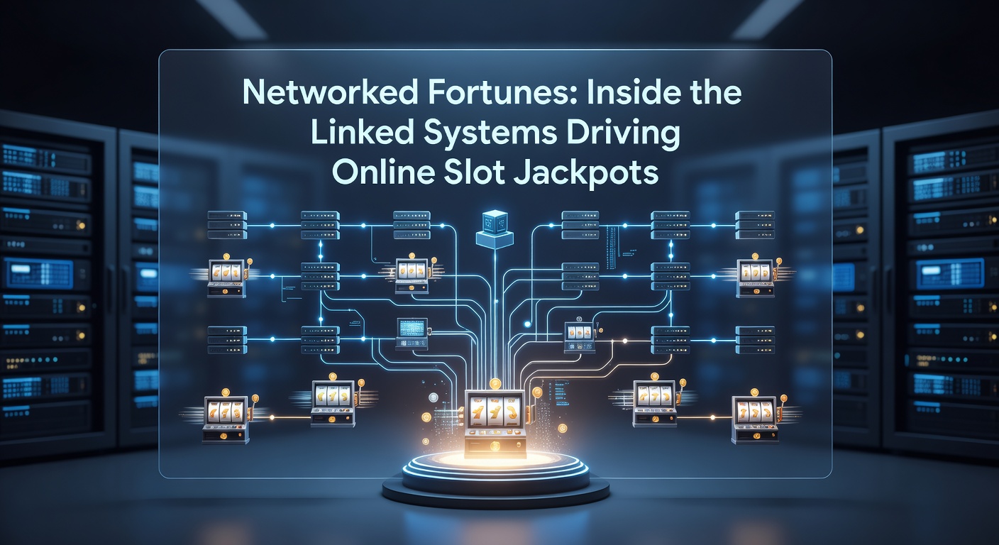 Close-up of a server room with fiber optic cables linking jackpot displays from various online casinos, symbolizing the backbone of networked progressives