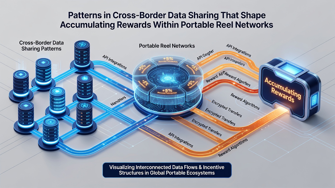 Network diagram showing data synchronization across portable reel platforms