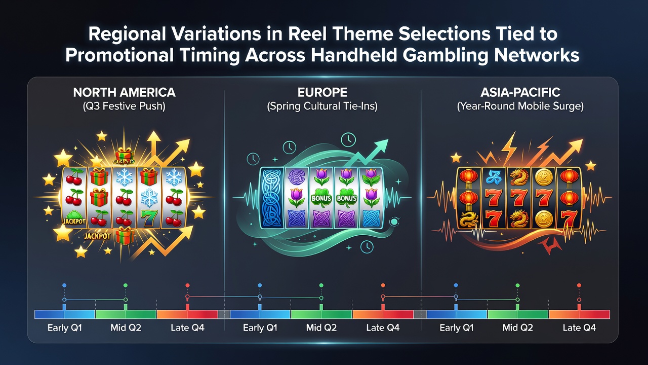 Regional slot theme selections displayed on mobile screens with promotional banners in different geographic areas