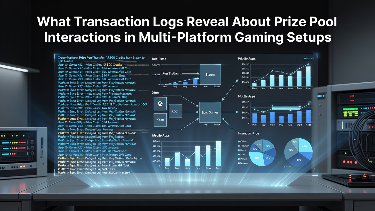 Transaction log analysis dashboard showing prize pool data across mobile and desktop gaming platforms
