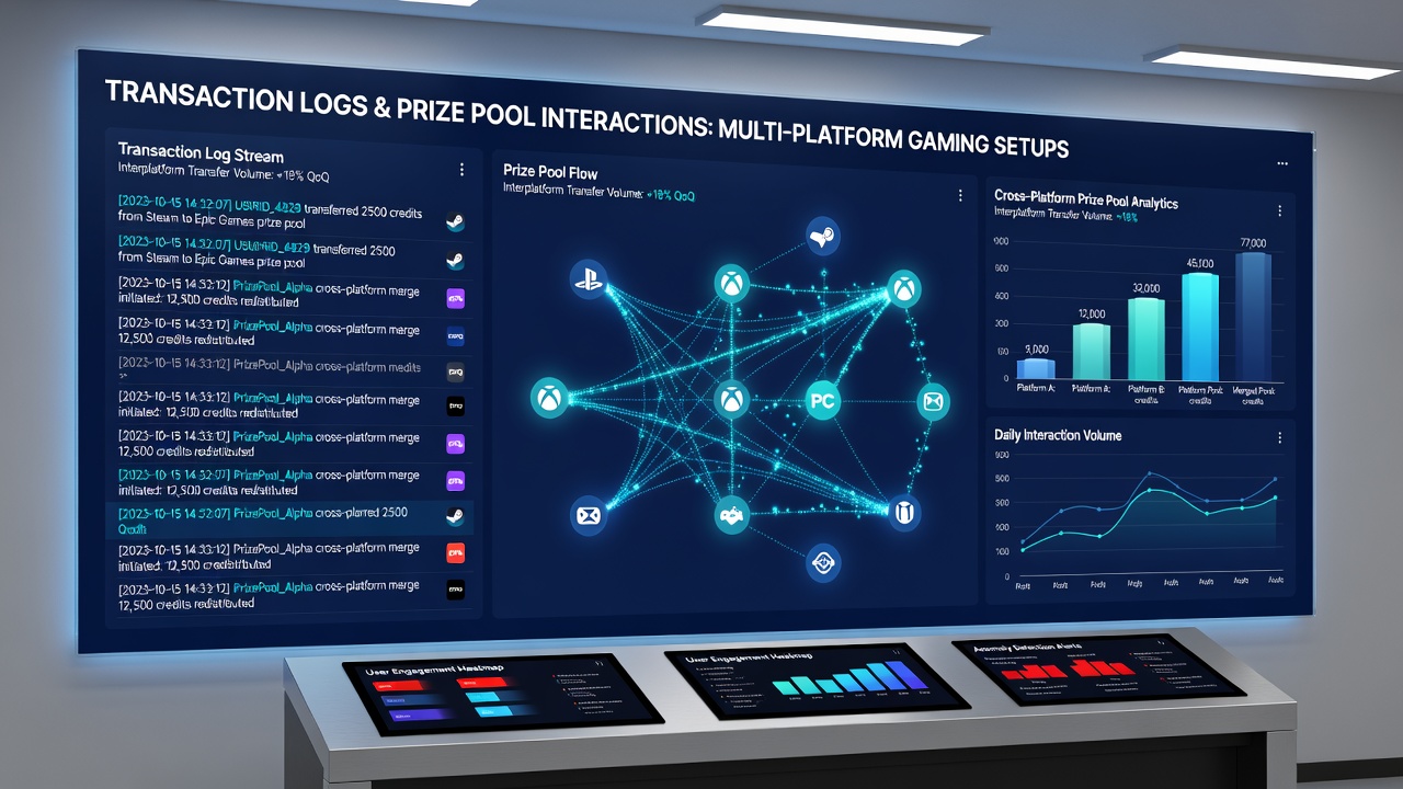 Network diagram illustrating prize pool synchronization between different gaming platforms via transaction logs